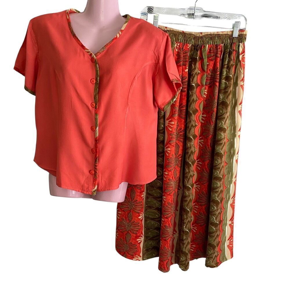 Nash Blouse Skirt Set Womens Large Coral Red Green Boho 90s Rayon Short Sleeve